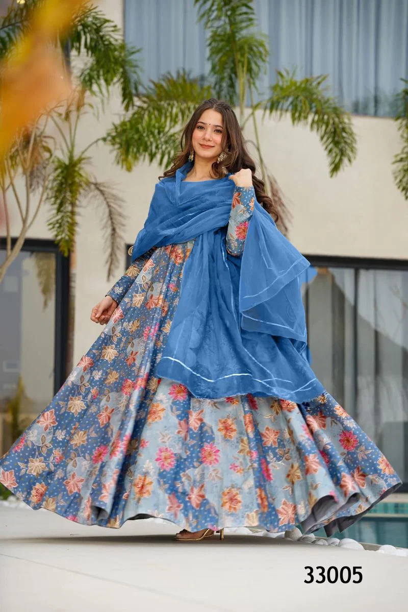 Launching Lucaya Vol 33 Silk Digital Printed Flared Gown With Dupatta Collection Wholesale 2026