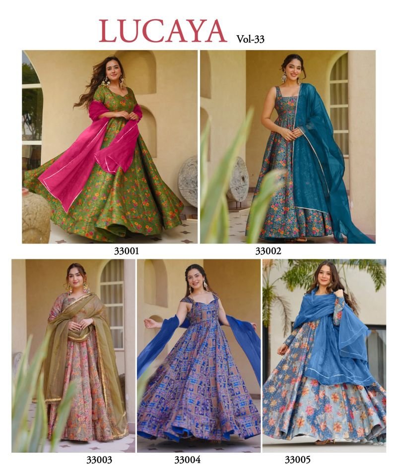 Launching Lucaya Vol 33 Silk Digital Printed Flared Gown With Dupatta Collection Wholesale 2026