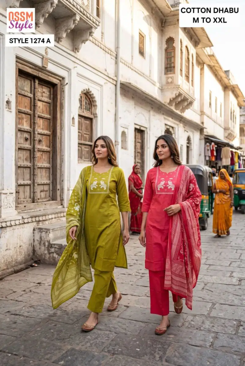 Ossm Style 1274 Dhabu Cotton Printed Kurti With Bottom Dupatta Wholesale