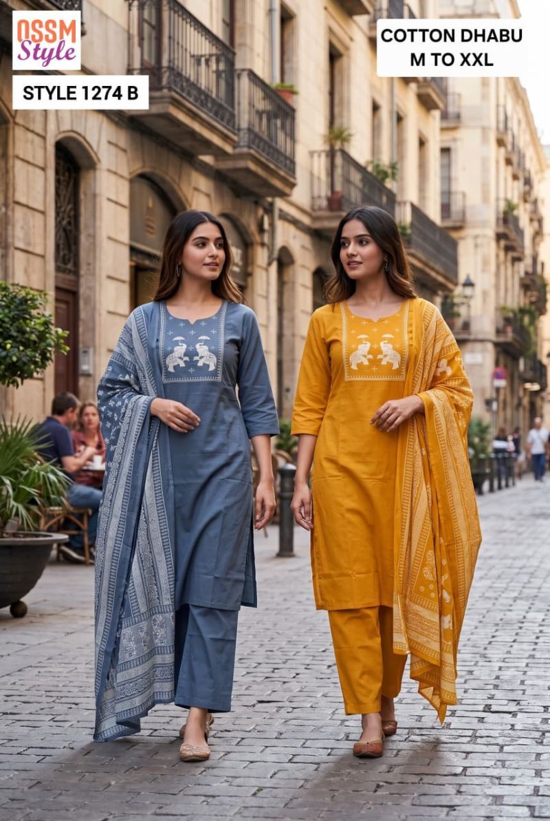 Beautiful Ossm Style 1274 Dhabu Cotton Printed Kurti With Bottom Dupatta Wholesale 2026