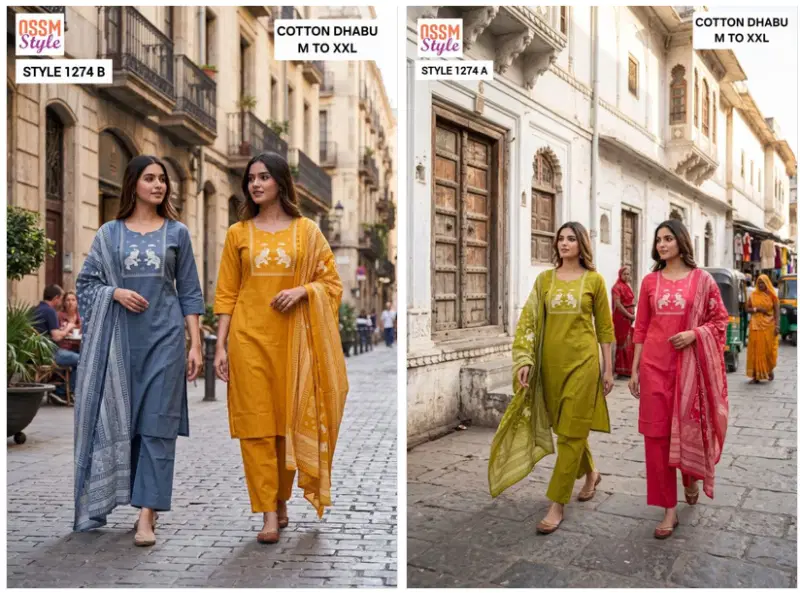 Beautiful Ossm Style 1274 Dhabu Cotton Printed Kurti With Bottom Dupatta Wholesale 2026