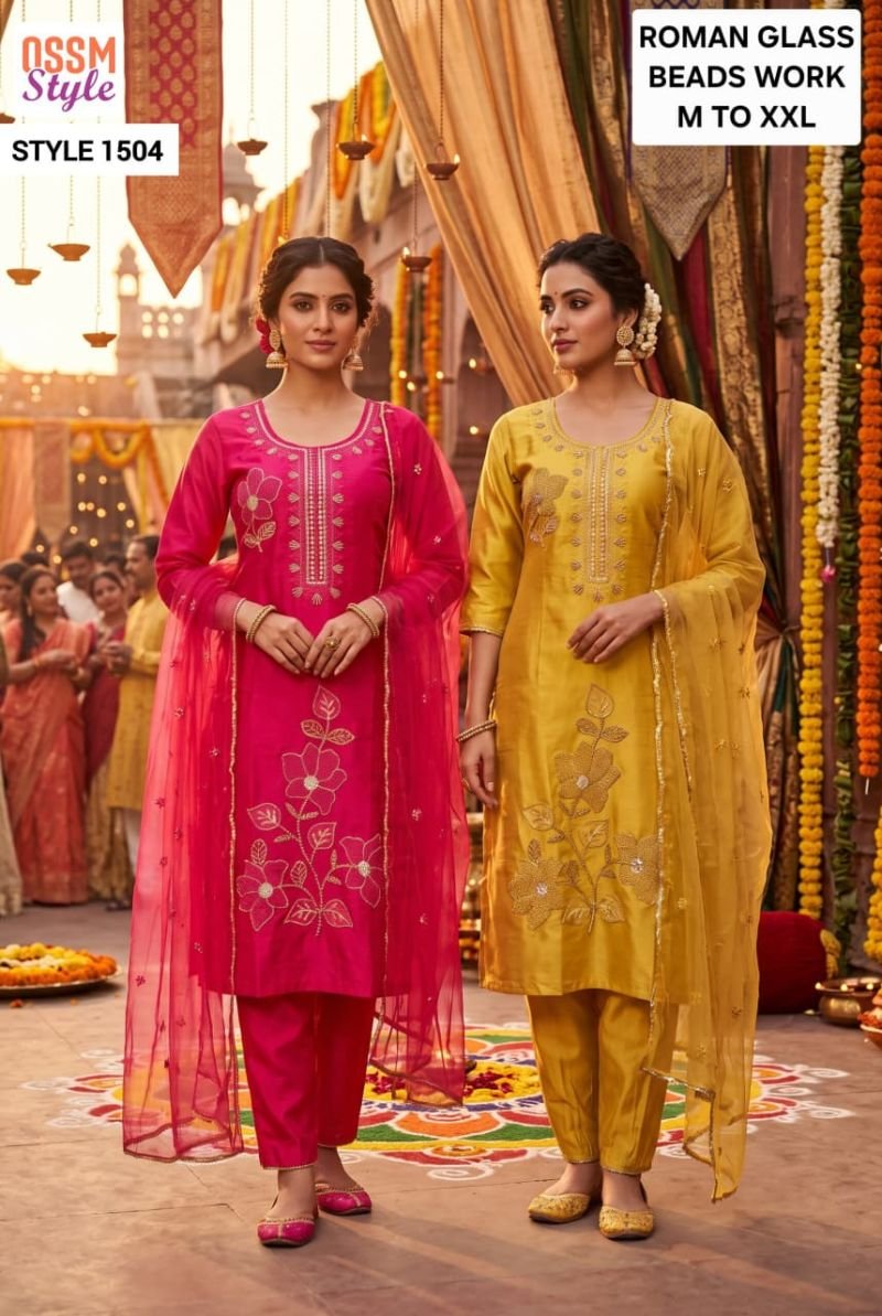 Buy Ossm Style 1504 Roman Glass Beads Work Kurti With Bottom Dupatta Wholesale 2026