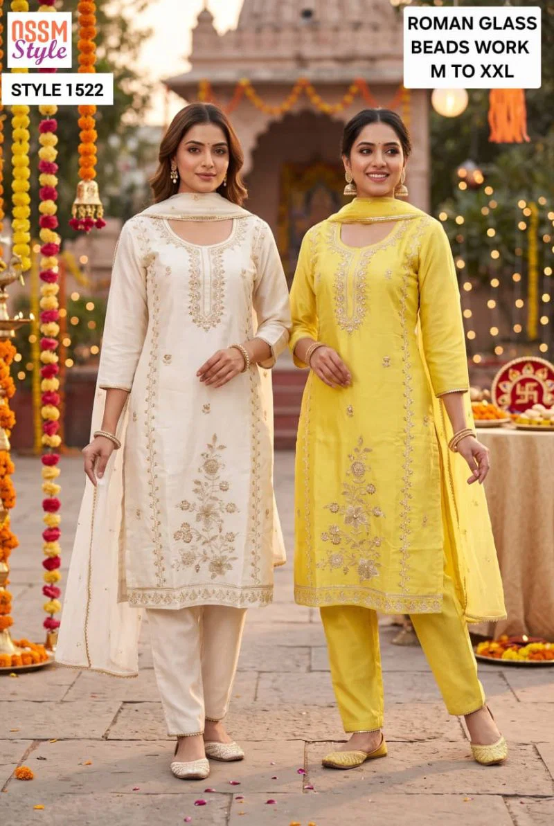 Ossm Style 1522 And 1523 Roman Glass Beads Work Kurti WIth Bottom Dupatta Wholesale