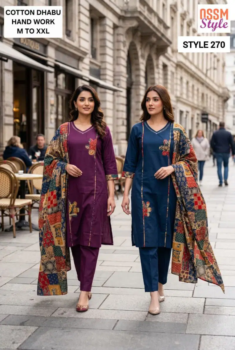 Ossm Style 270 Dhabu Cotton Handwork Kurti With Bottom Wholesale