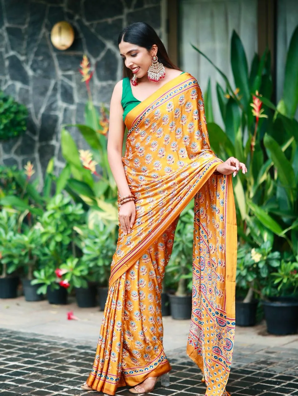 Launching SS1010 5603 Satin Crep Ajarakh Printed Mirror Work Saree Collection 2026