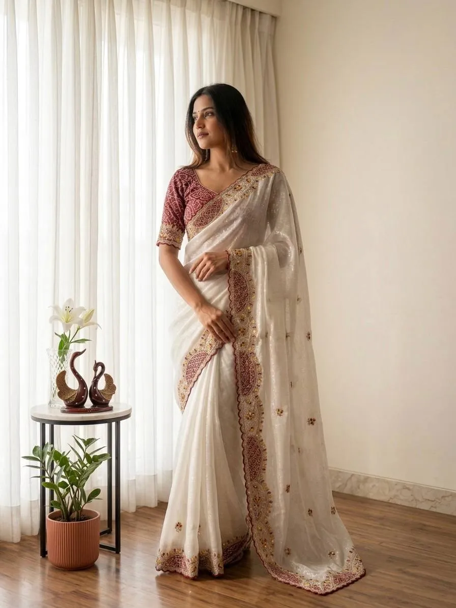SS1010 5604 Crunchy Thread Embroidery Work Trending Festival Saree
