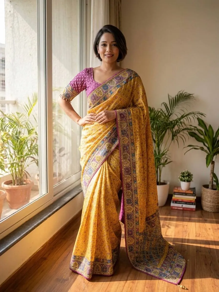 SS1010 5605 Chinon Printed Zari Mirror Work Saree