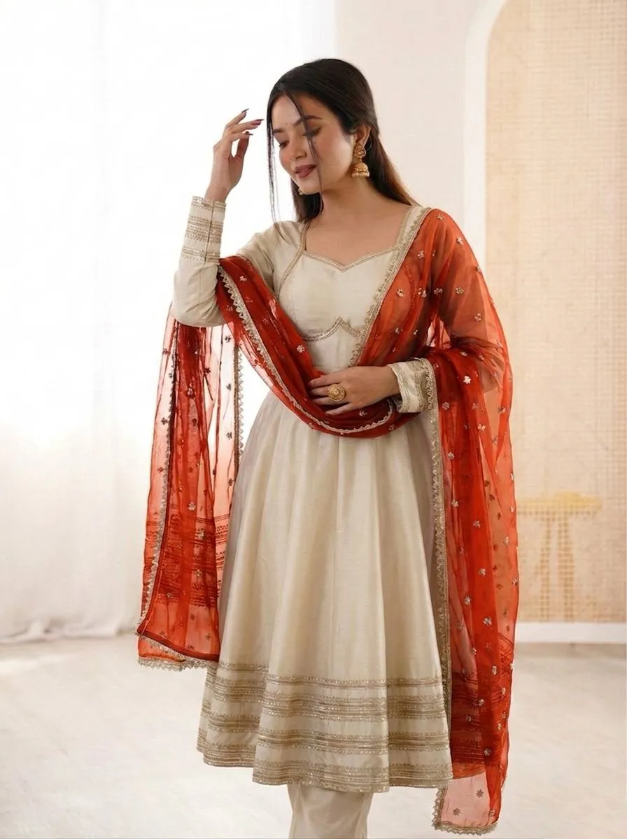 Sabina 5017 Cosmos Gold Lace Work Anarkali Gown Pant With Dupatta