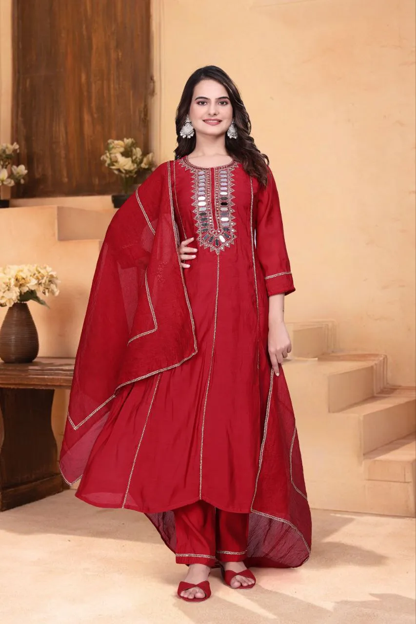 AEA Mul Chanderi Mirror Work Festival Gown Pant Dupatta Set