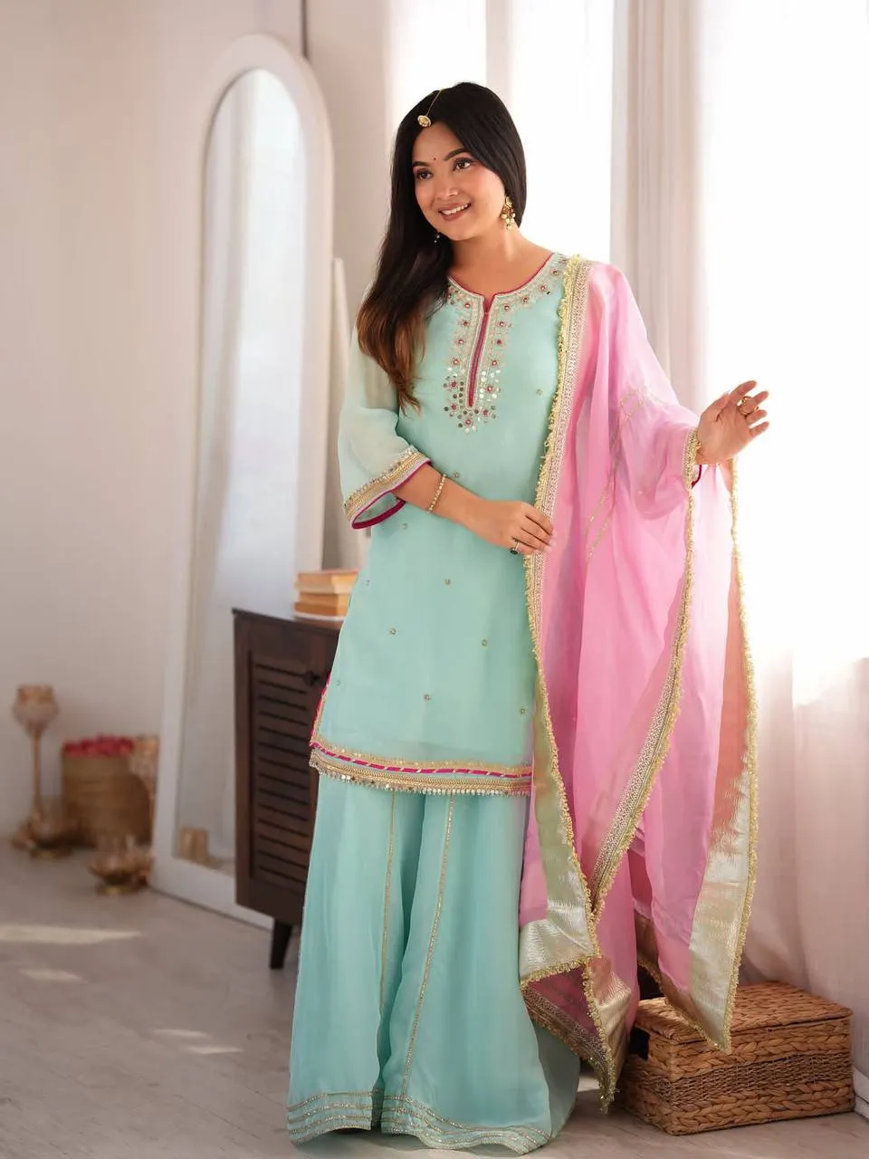 Buy STD 6061 Organza Silk Thread Embroidery Work Sharara Suit With Dupatta 2026