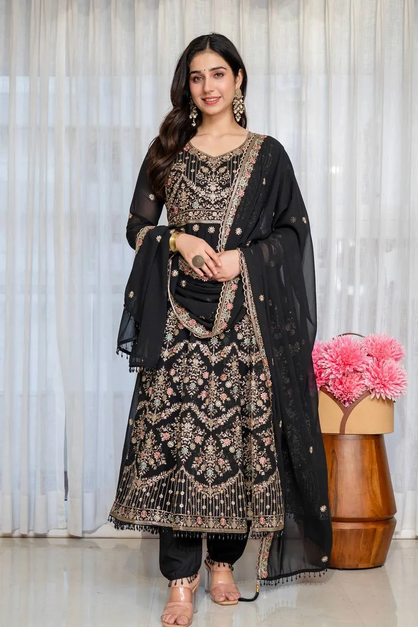 STD 6124 Blooming Thread Embroidery Work Festival Anarkali Gown Pant Dupatta