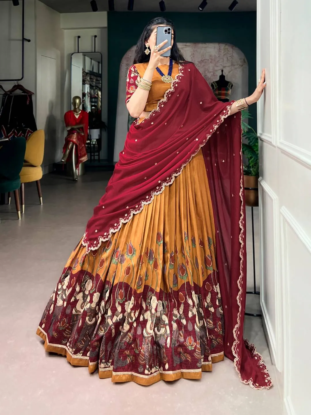 Buy WMN 1220 Tasar Silk Kalamkari Printed Lehenga Choli Exporters in India 2026