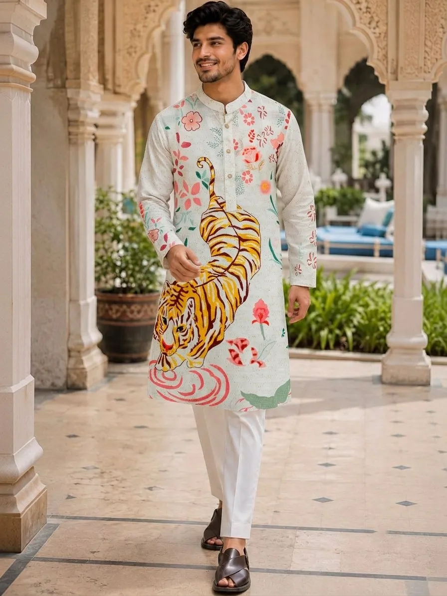 Kiara Tiger Cotton Crochet Printed Sequence Work Men Wear Kurta