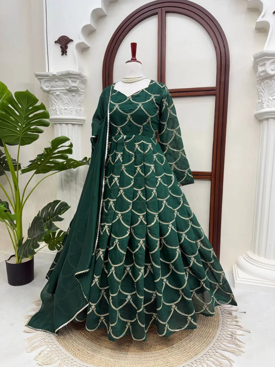 Deepika 1628 Mal Chanderi Thread Sequence Work Gown Pant With Dupatta Set