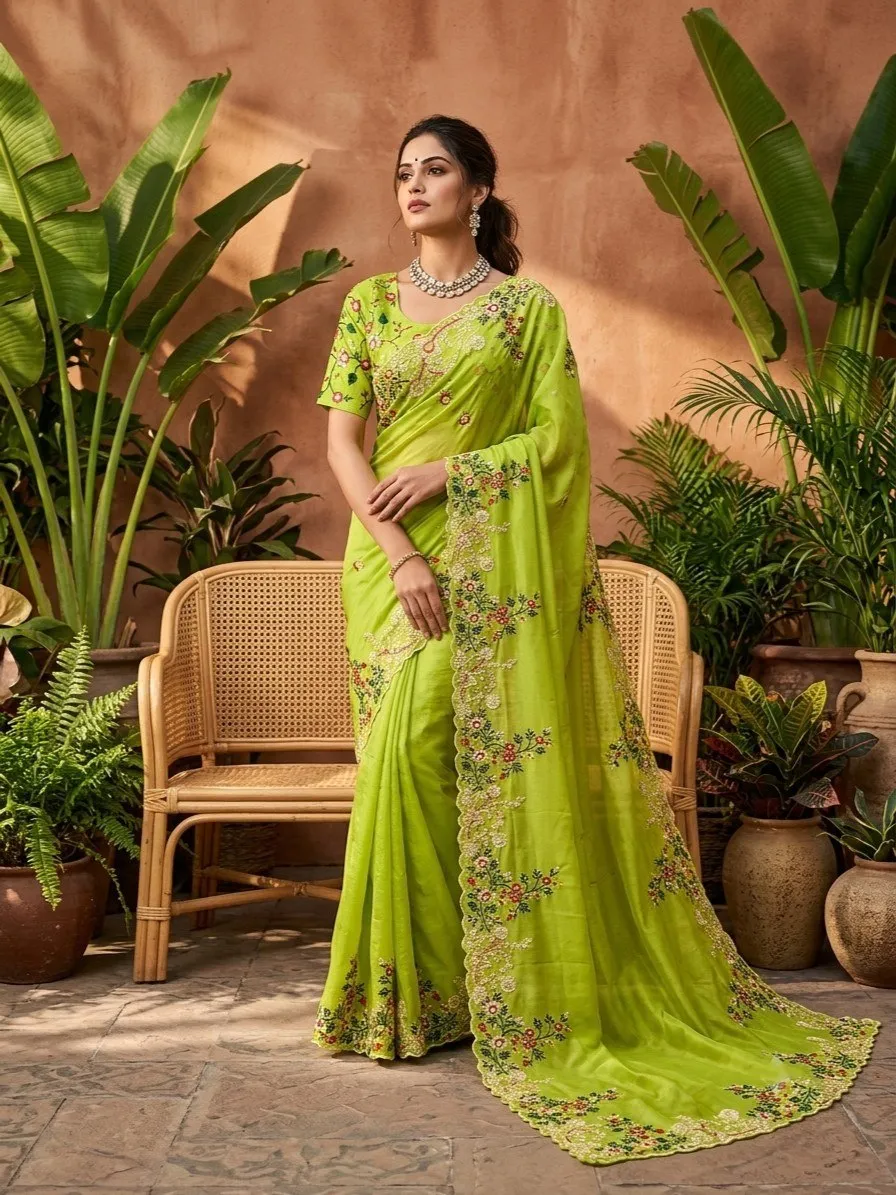 Kiara Bijali Paper Silk Yellow Green Party Wear Saree Exporters in India