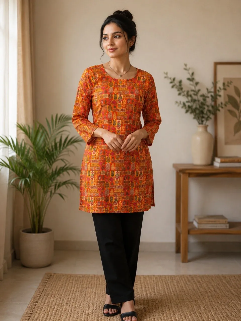Aawiya RJ 43 Rayon Printed Fancy Orange Short Kurti