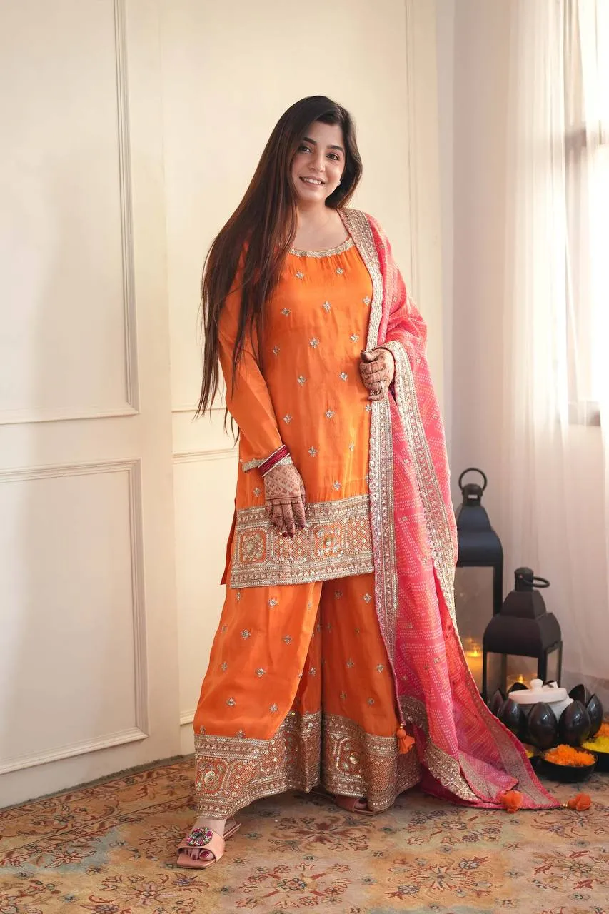 Deepika 1629 Chinon Thread Embroidery Work Kurti Palazzo Dupatta