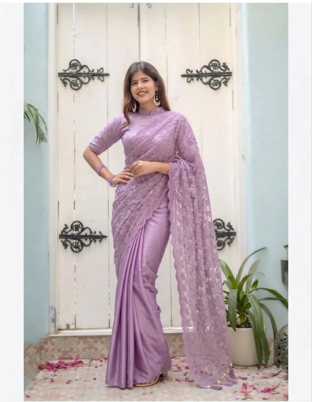 RGS Lavender Grace Satin Silk Embroidery Net Work Saree