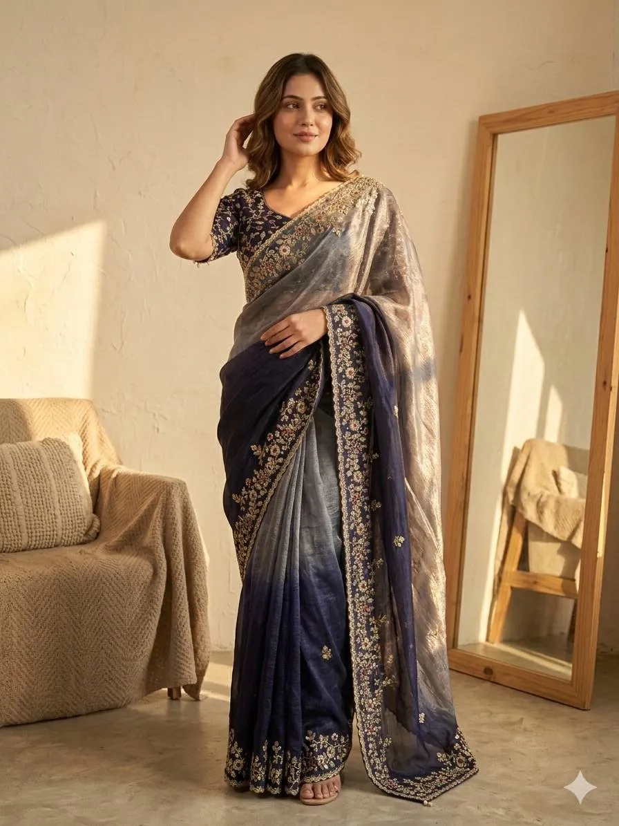 SS1010 5568 Fandy Chiffon Embroidery Work Saree Exporters Online