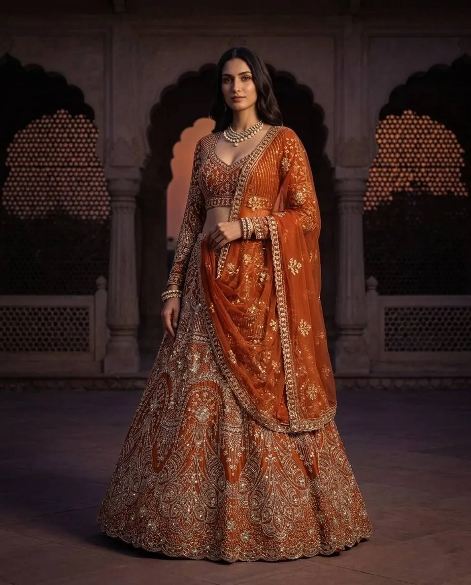 SBD 1859 Net Embroidery Work Orange Lehenga Choli Wholesale Market