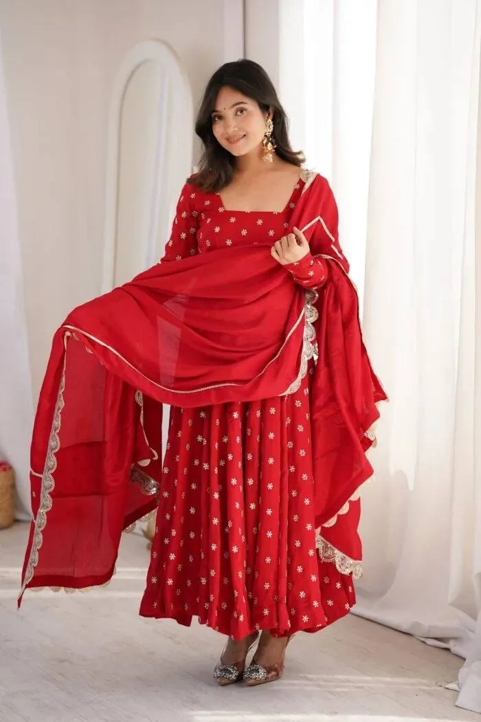 Deepika 1630 Chinon Silk Thread Sequence Work Anarkali Gown Pant Dupatta