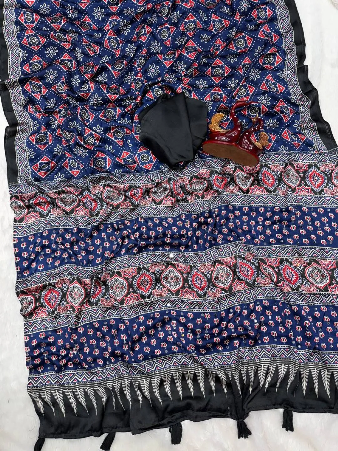 Beautiful SS1010 5596 Japan Satin Ajarakh Printed Mirror Work Saree Collection 2026