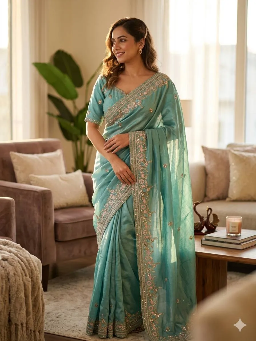 SS1010 5595 Vichitra Sequence Embroidery Work Festival Saree