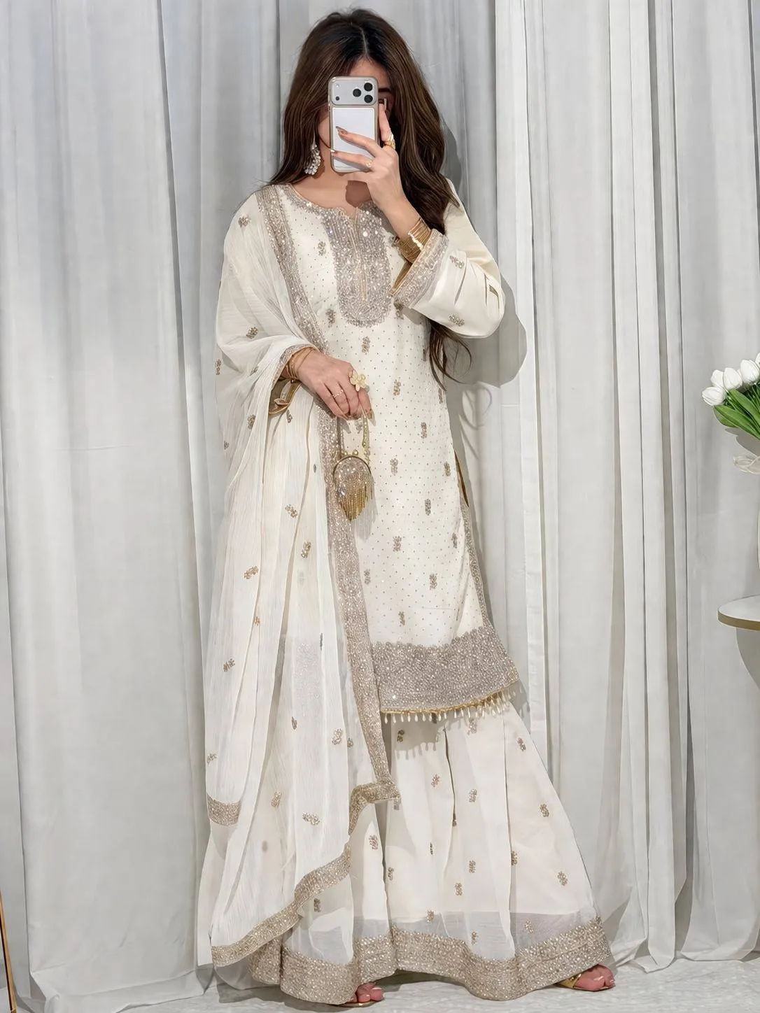 C585 1484 Georgette Zari Embroidery Work Gharara Suit With Dupatta