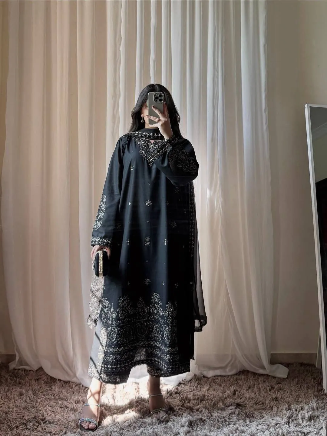C585 1485 Roman Silk Embroidery Work Black Kurti Palazzo Dupatta Set