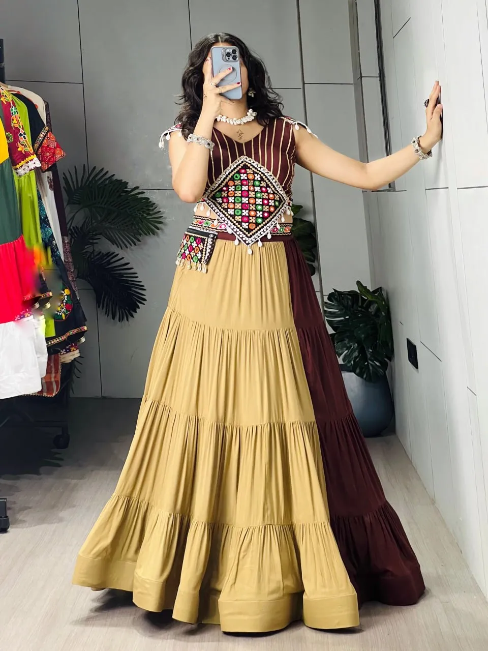 WMT 7706 Brownie Rayon Cotton Hand Crafted Mirror Work Navratri Ruffle Dress