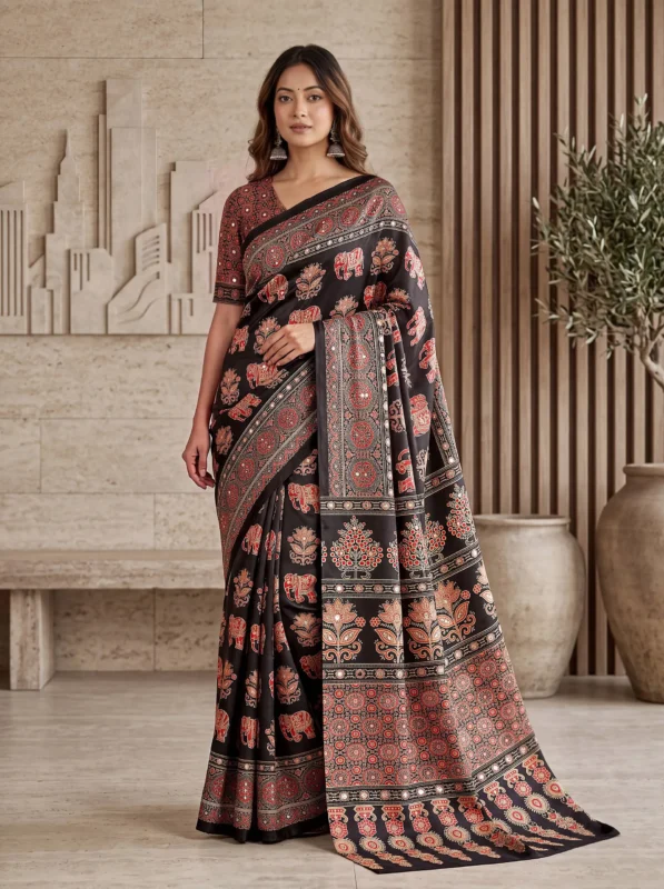 Launching DKT 5181 Crape Silk DurgaPuja Ajrakh Printed Mirror Work Saree 2026