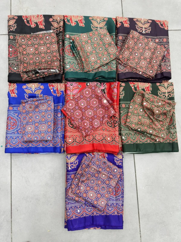 Launching DKT 5181 Crape Silk DurgaPuja Ajrakh Printed Mirror Work Saree 2026