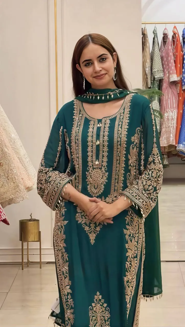 Sabina 1716 Georgette Embroidery Sequence Work Pakistani Kurti Pant Dupatta Set