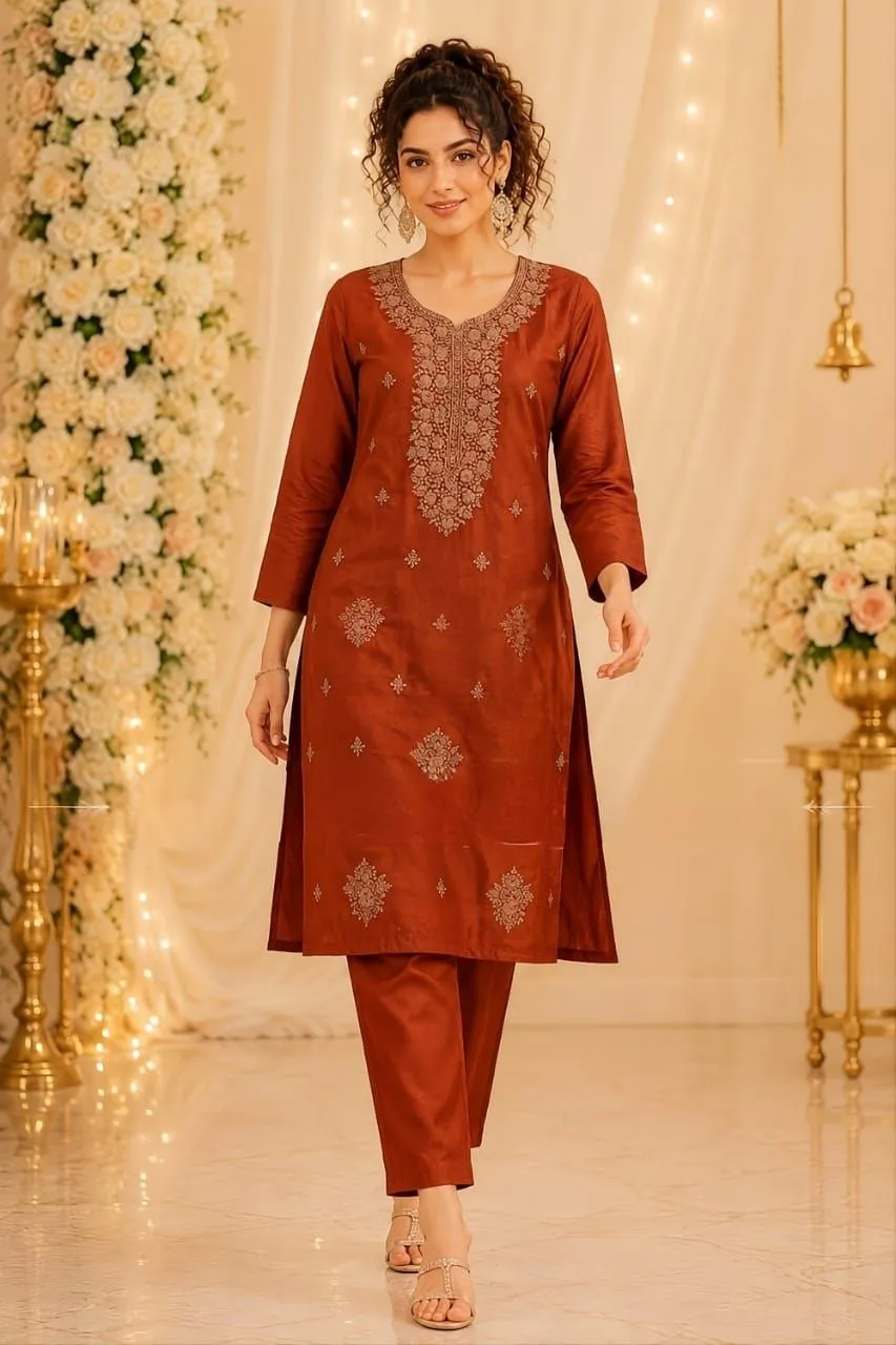 RRD Rayon Cotton Embroidery Work Festival Kurti Pant Set