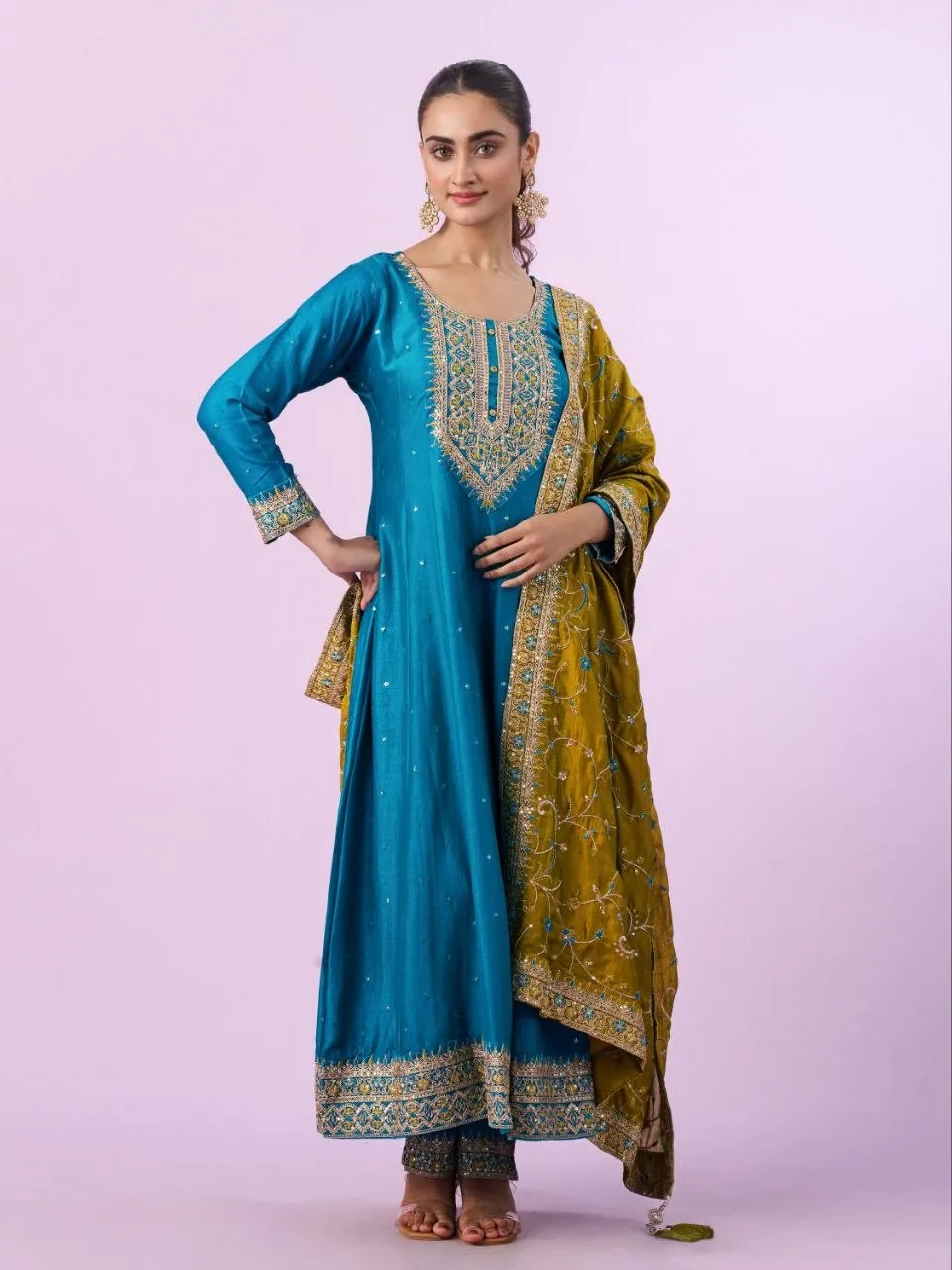 Beauty J 1026 Vichitra Silk Embroidery Anarkali Gown Pant With Dupatta Set