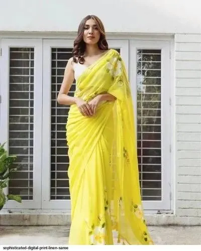 RRD Linen Printed Yellow Daily Wear Saree Market in Surat