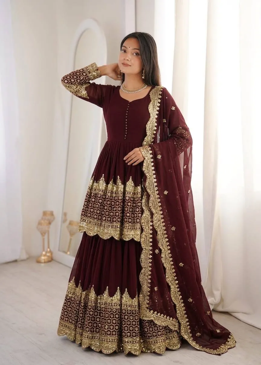 Sabina Georgette Embroidery Sequence Work Party Wear Top Skirt With Dupatta