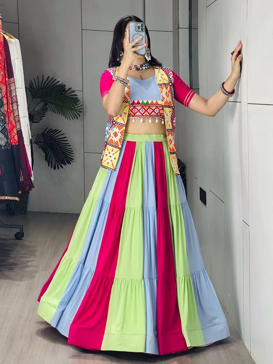 WMT 7708 Triveni Rayon Cotton Mirror Work Navratri Top Skirt With Jacket Collection