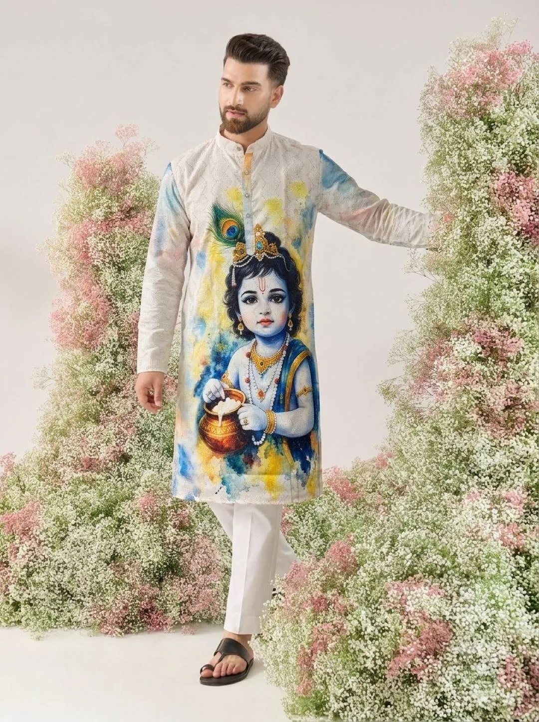 Kiara Cotton Crochet Sequence Work Krishna Janmashtami Kurta Pajama For Mens