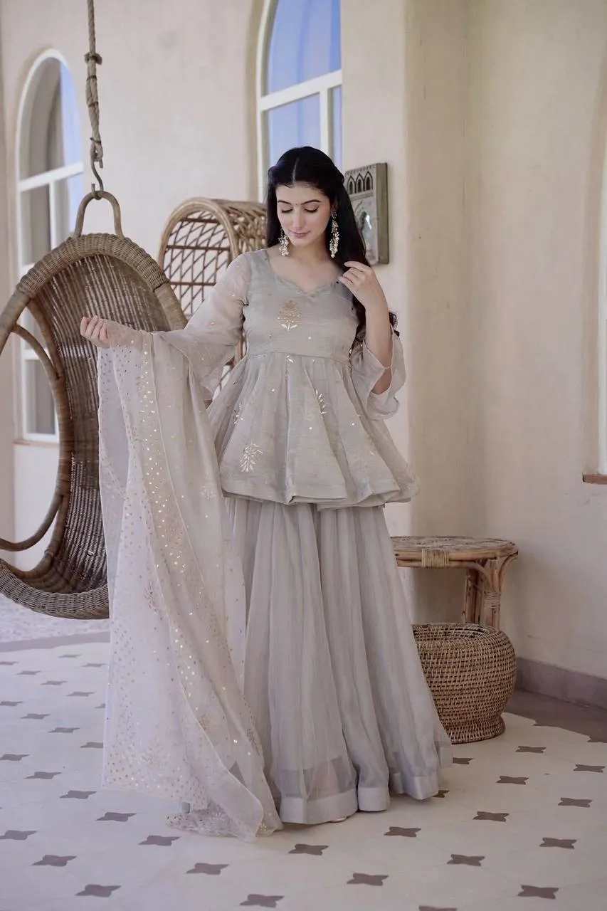 Deepika 6046 Tabby Silk Foil Work Party Wear Sharara Top With Dupatta