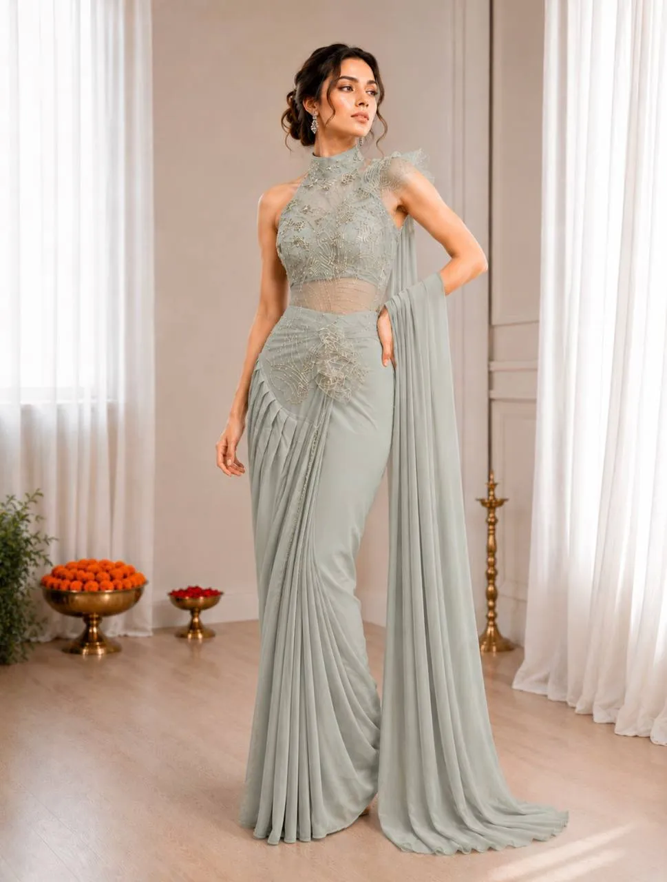 BDB 82 Crepe Silk Embroidery Work Ready To Wear Saree Exporter in India