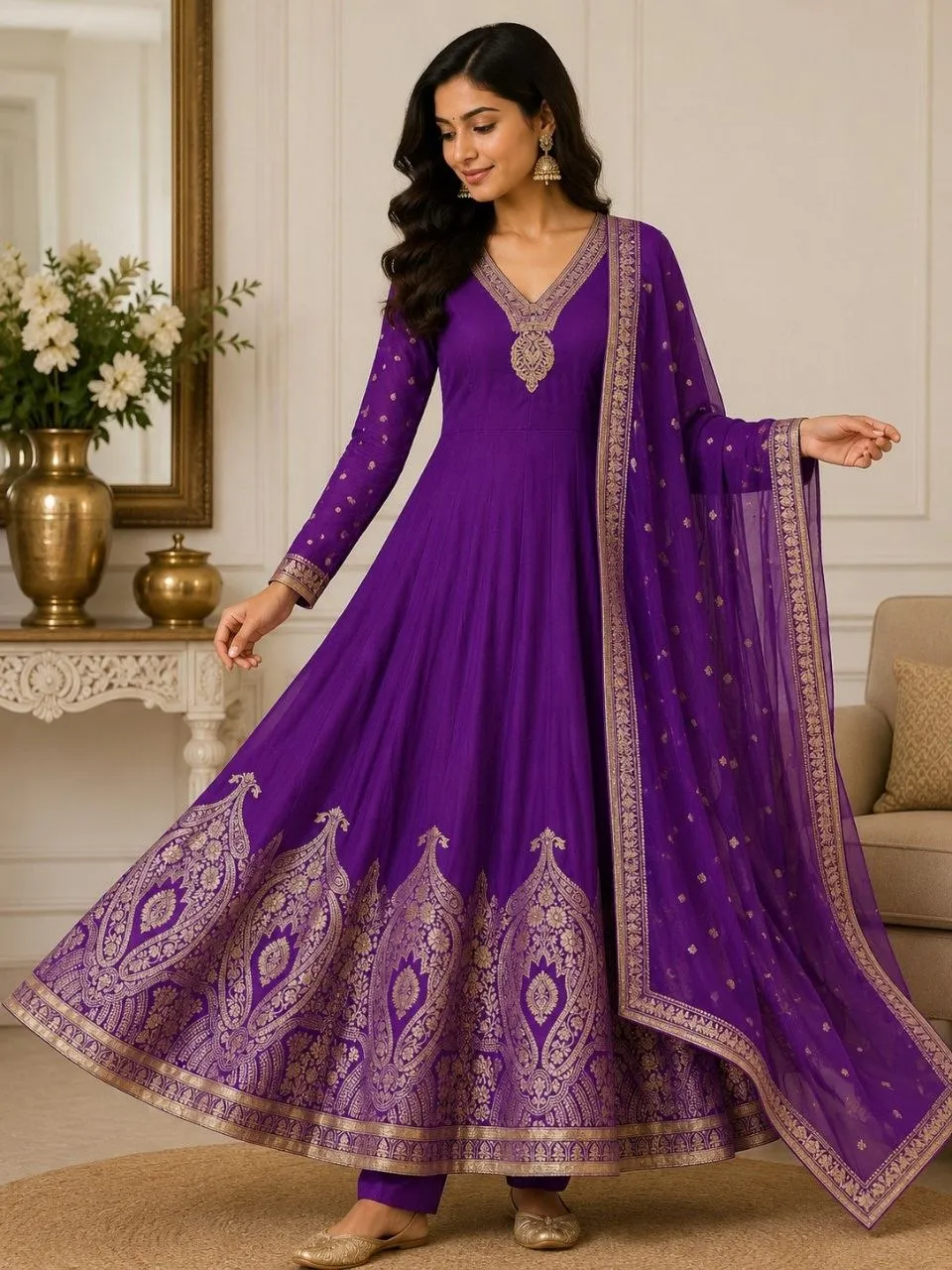 Yasu Premvati Chanderi Hand Work Anarkali Banarasi Gown Pant With Dupatta