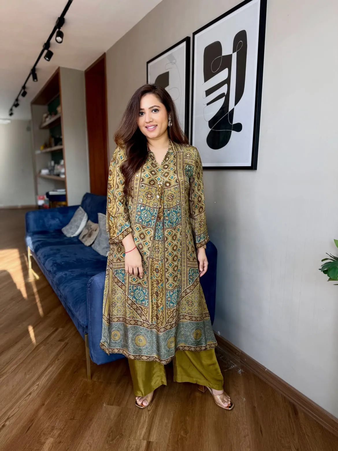 Yasu Freya Natural Crape Mirror Work Ajrakh Printed Long Kurti Pant Set