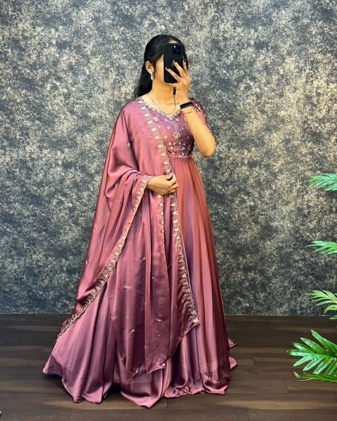 RRD Satin Chiffon Embroidery Work Wedding Wear Gown With Dupatta Set