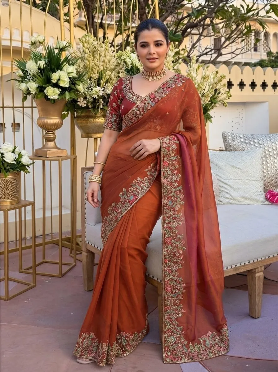 Kiara Shivangee Fendy Satin Silk Embroidery Wedding Saree in India