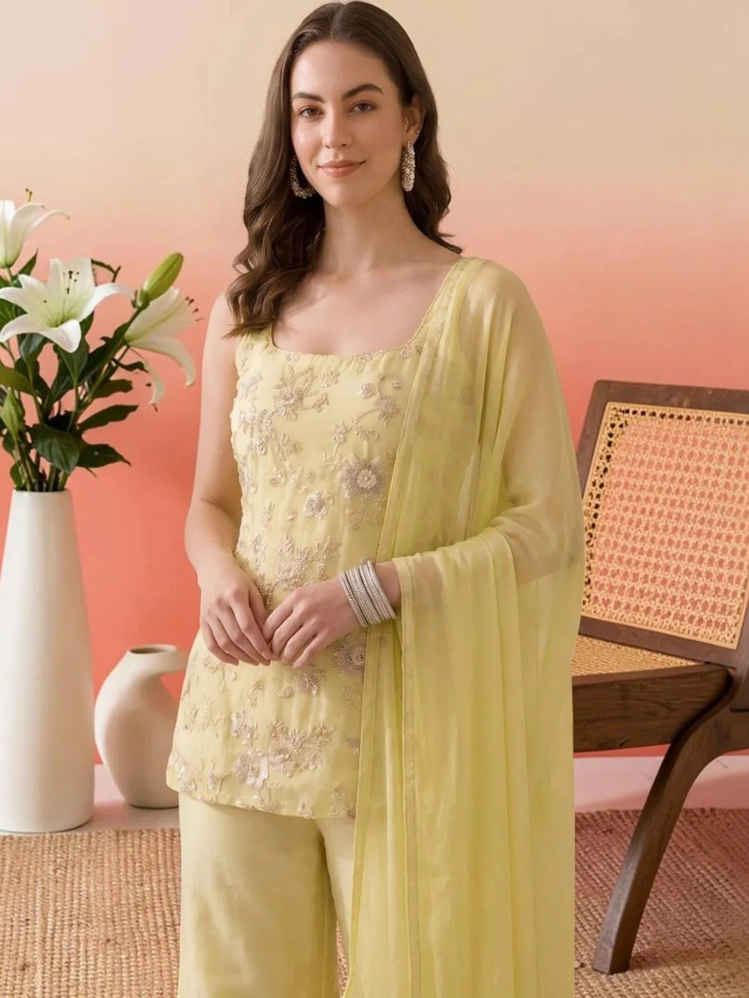 Beautiful FFD 1019 Georgette Embroidery Thread Work Kurti Palazzo With Dupatta Set 2026