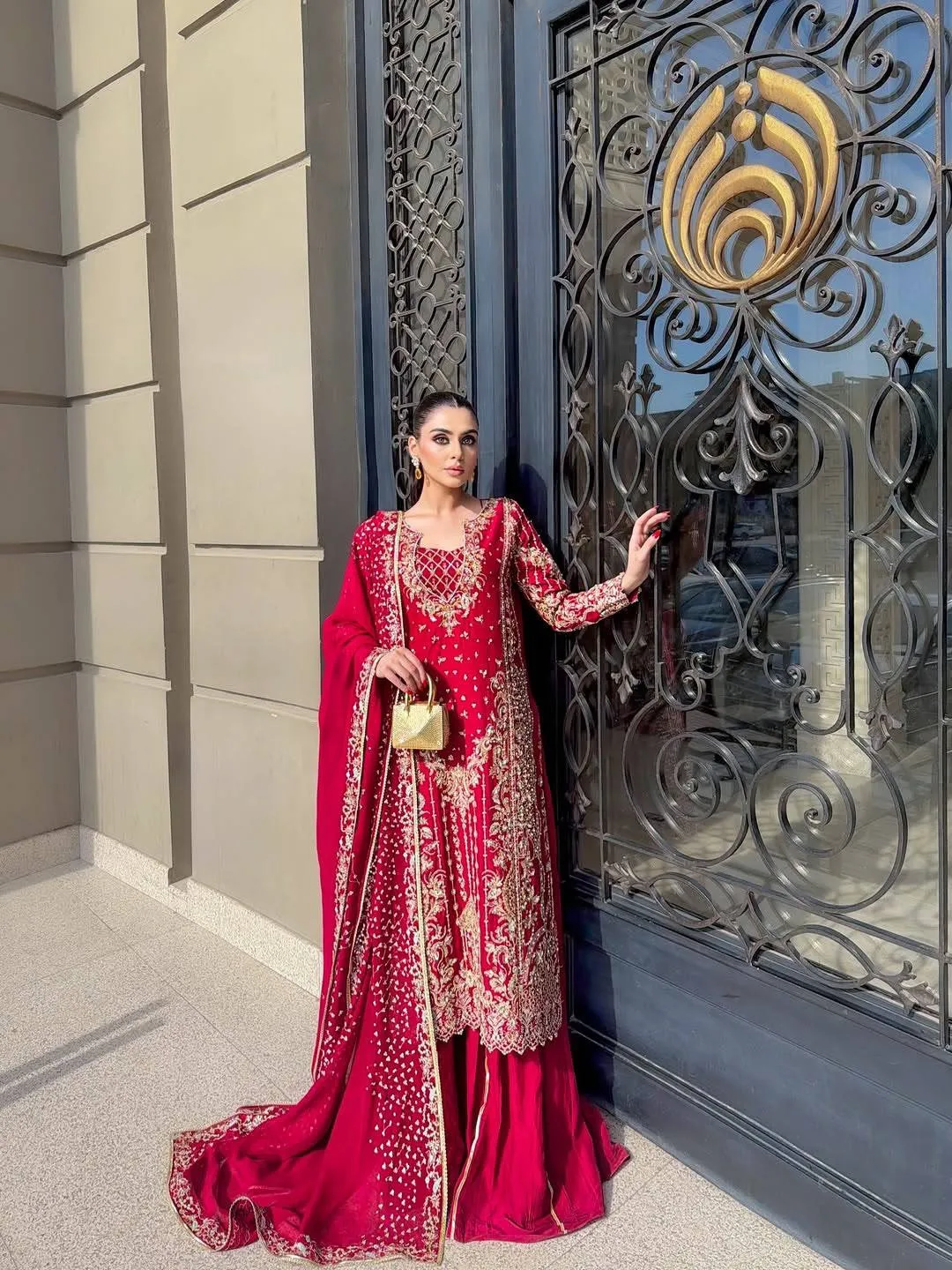 C585 1487 Chinon Embroidery Work Wedding Sharara Suit With Dupatta