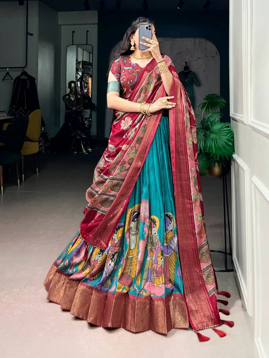 WMN 1231 Dola Silk Kalamkari Zari Work Festival Lehenga Choli in India