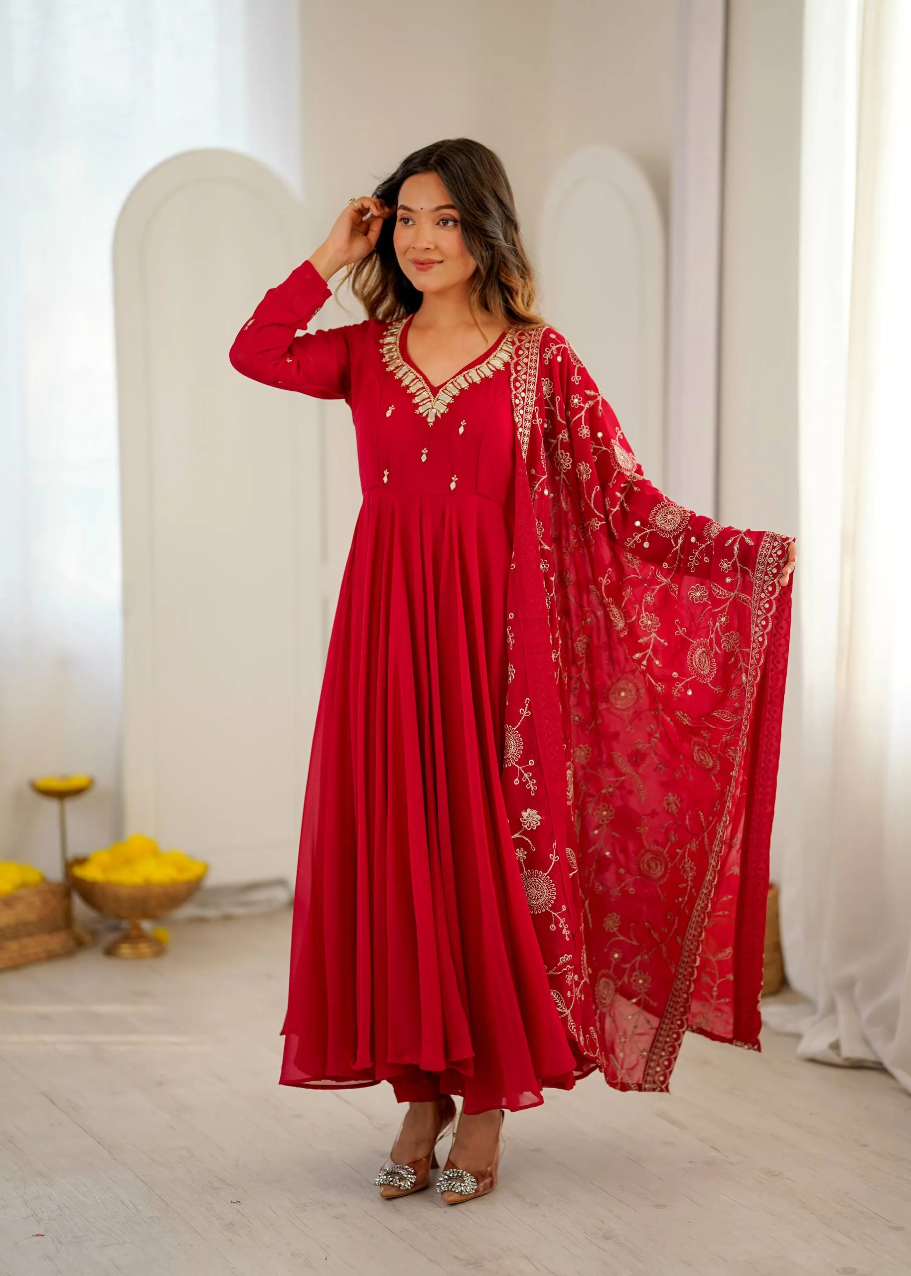 Sabina 5025 Mirror Khatli Work Designer Anarkali Gown Pant Dupatta Set