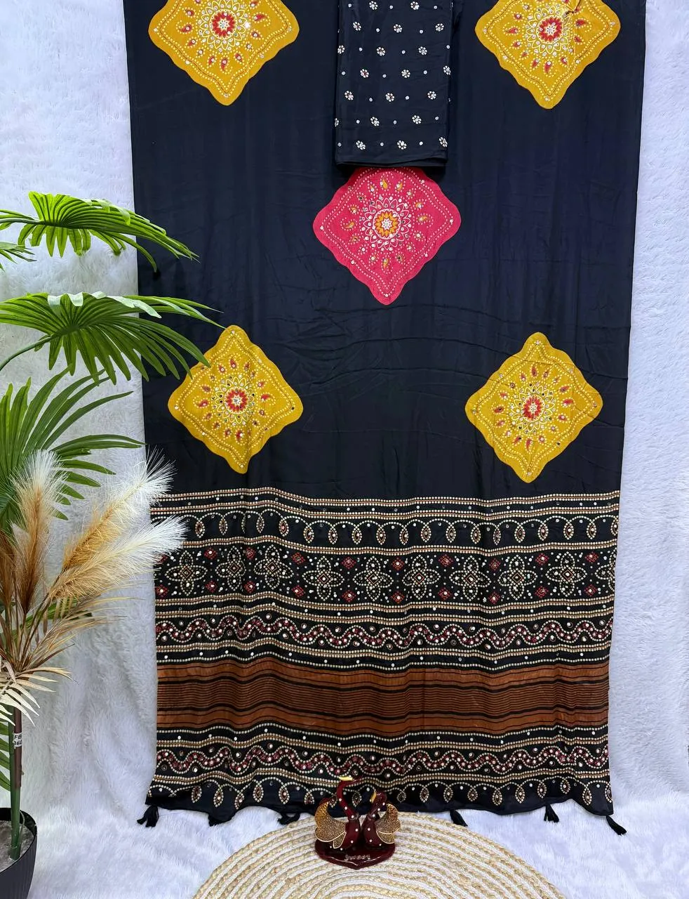 SS1010 5607 Satin Crep Ajarakh Printed Mirror Work Saree in Surat